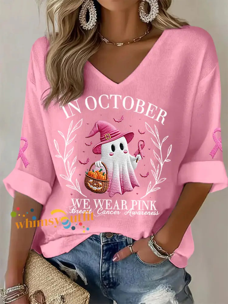 Women’s In October We Wear Pink Halloween Pink Ghost Breast Cancer Awareness Support Long Sleeve Top Pink / S