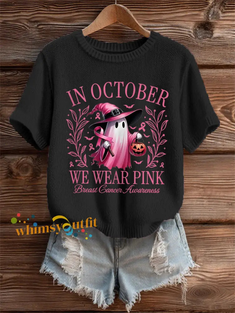 Women’s In October We Wear Pink,Pink Halloween Ghost Print Breast Cancer Awareness Tee Black / S