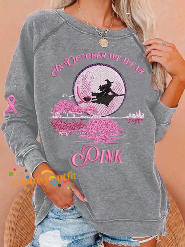 Women’s In October We Wear Pink Halloween Witch Print Breast Cancer Awareness Sweatshirt Light Gray / S