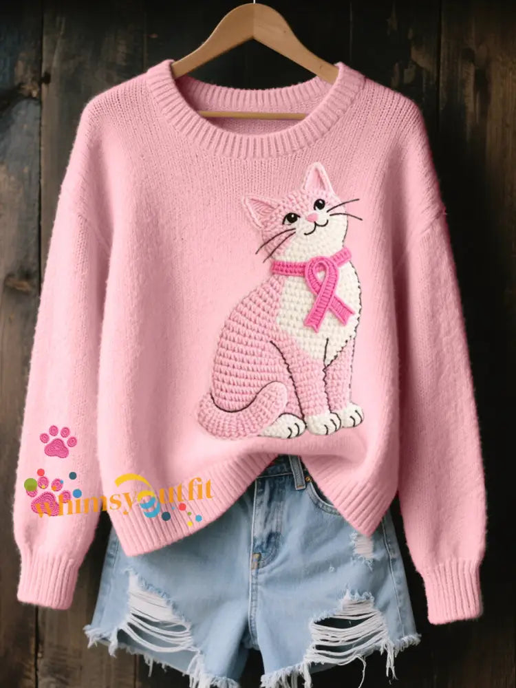 Women’s Lovely Cat Crochet Pattern Cozy Knit Sweater Pink / S