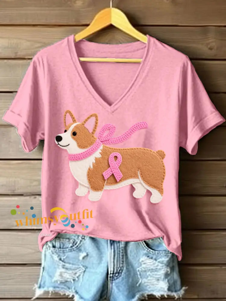 Women’s Lovely Corgi Pattern Felt Art V Neck T Shirt Pink / S