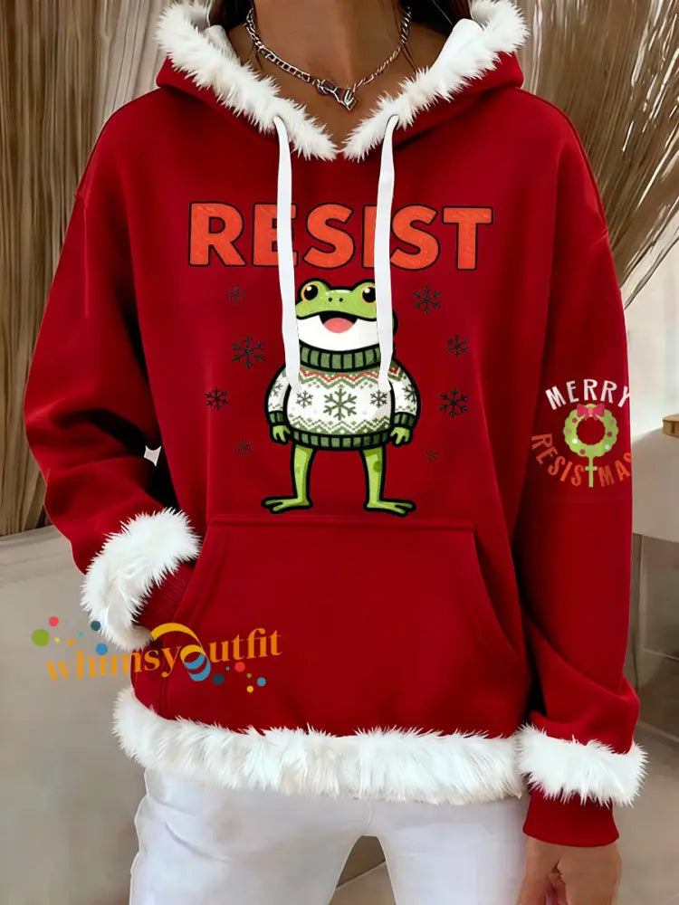 Women’s Merry Resistmas Portland Frog Printed Hoodie Red / S