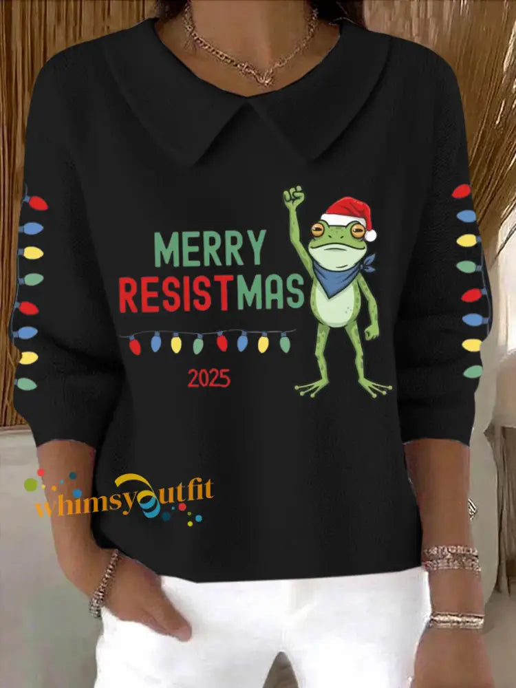 Women’s Merry Resistmas Portland Frog Printed Sweater Top Black / S