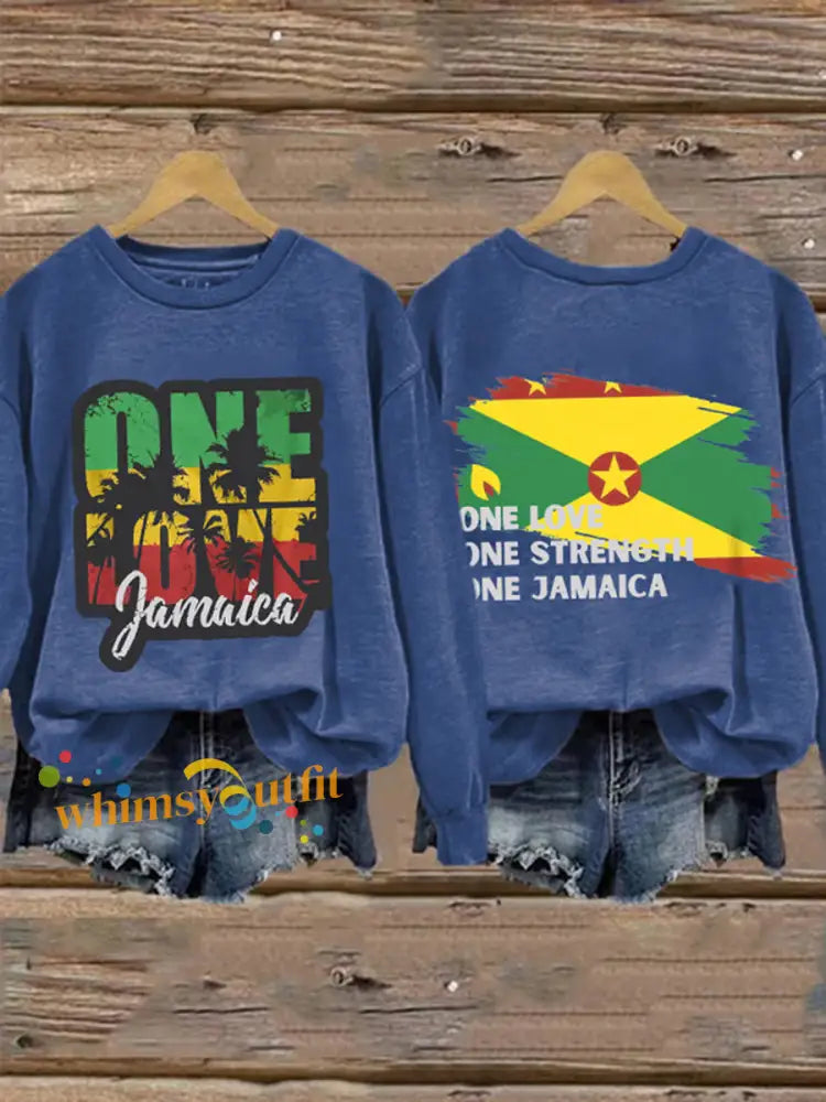 Women’s One Love One Strength One Jamaica Print Sweatshirt Blue / S
