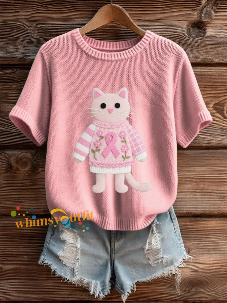 Women’s Pink Breast Cancer Awareness Kitten T Shirt Pink / S