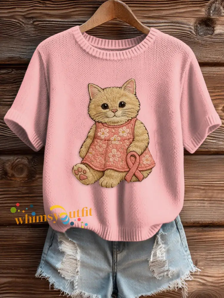 Women’s Pink Breast Cancer Awareness Print Knit Sweater Light Pink / S