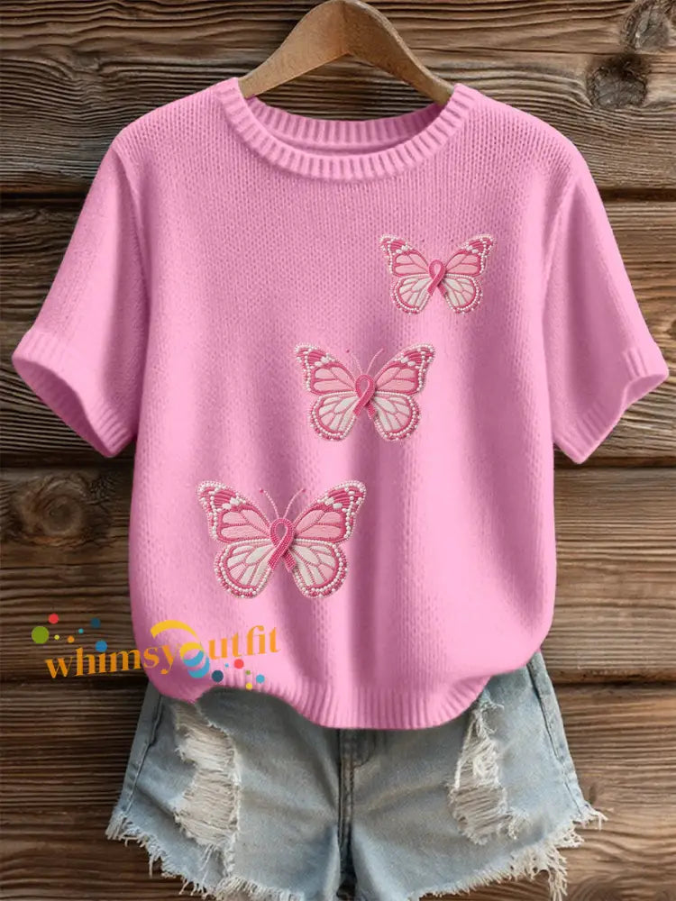 Women’s Pink Butterfly Print Show Casual T shirt Pink / S