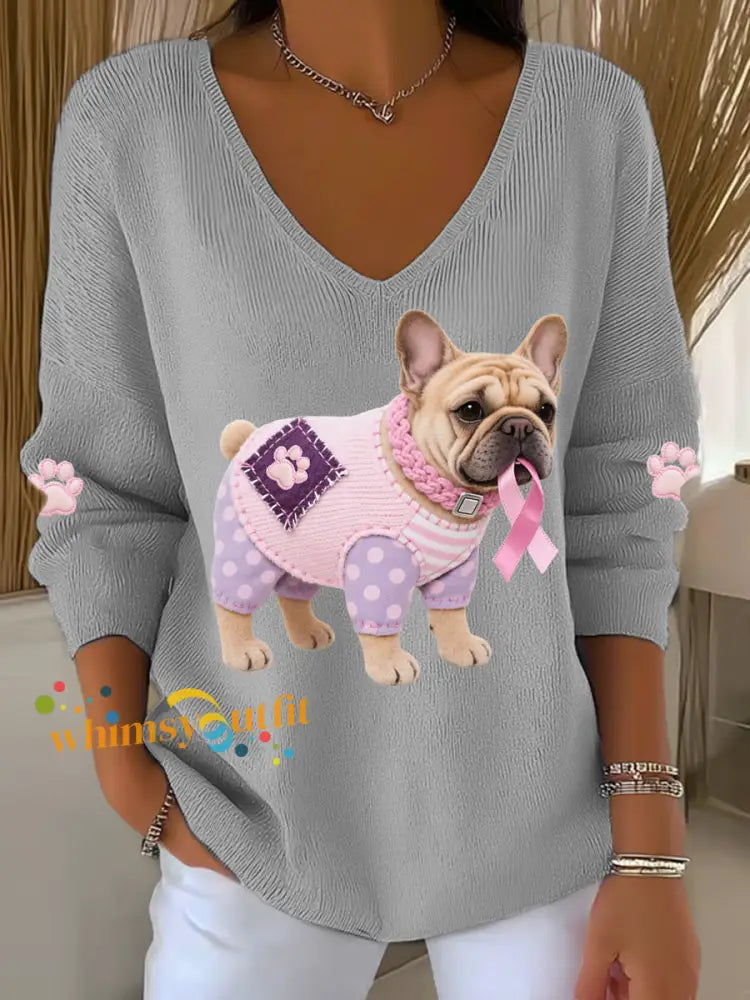 Women’s Pink Dog Pink Ribbon Breast Cancer Awareness Support Long Sleeve Top Gray / S