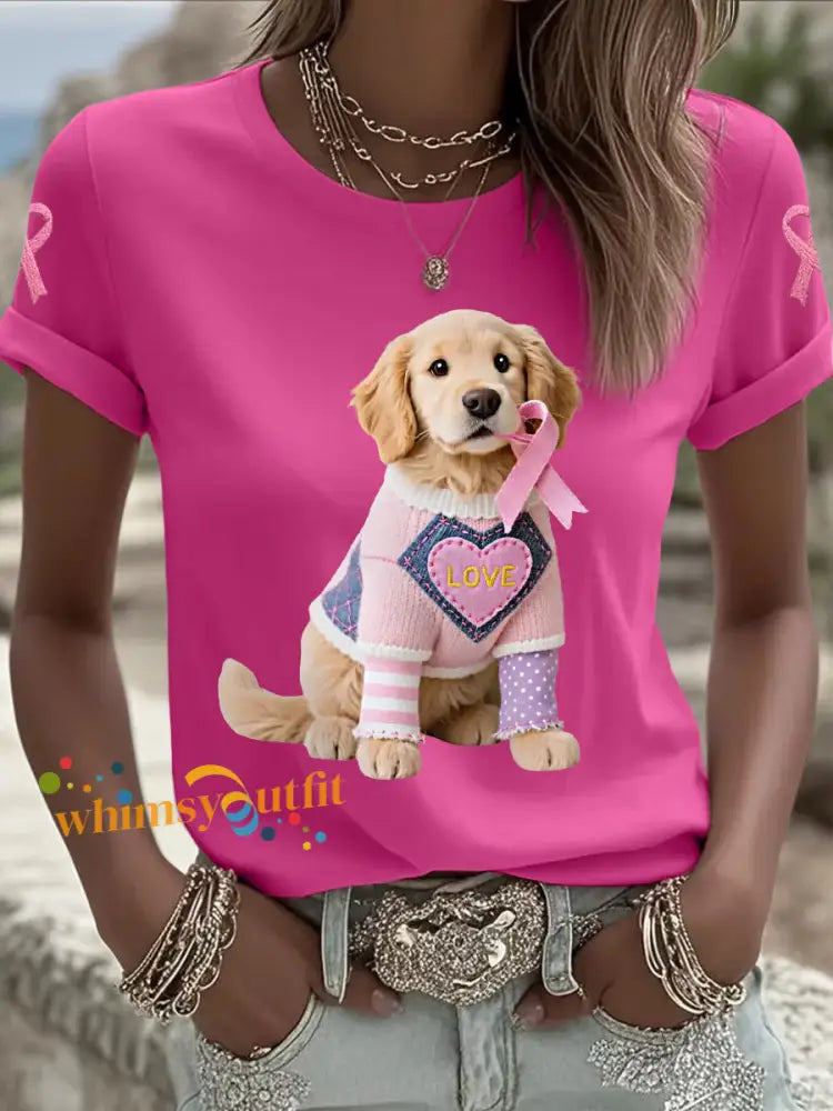 Women’s Pink Dog Pink Ribbon Breast Cancer Awareness Support Tee Rose Red / S