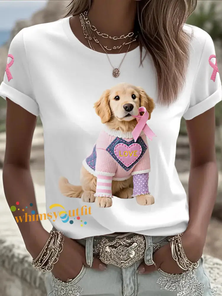 Women’s Pink Dog Pink Ribbon Breast Cancer Awareness Support Tee White / S