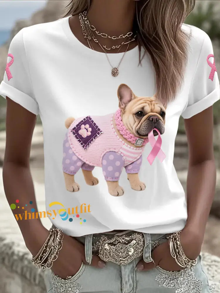 Women’s Pink Dog Pink Ribbon Breast Cancer Awareness Support Tee White / S