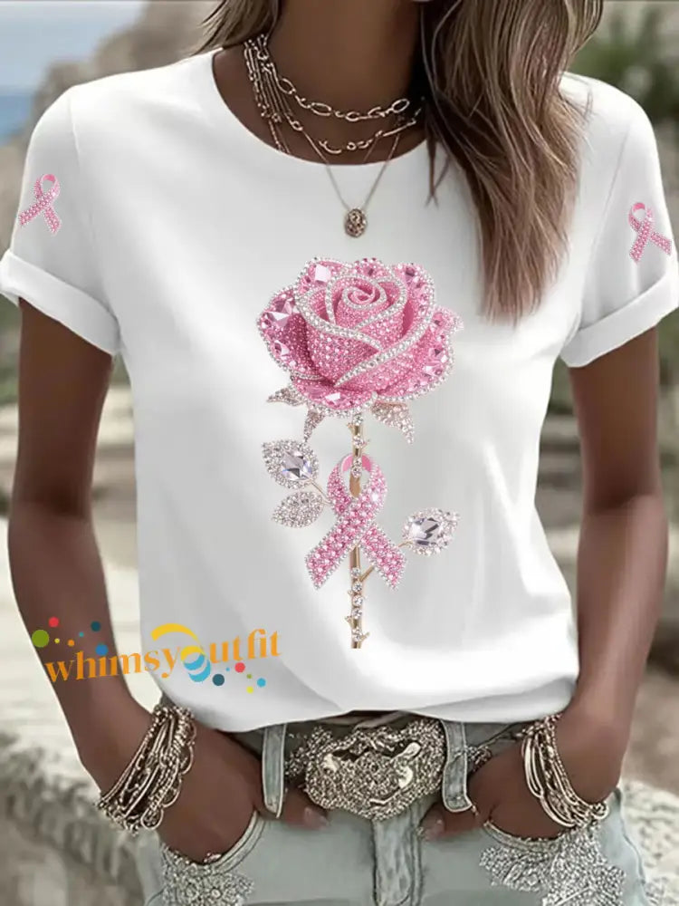 Women’s Pink Floral Print Casual T shirt White / S