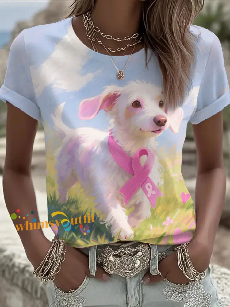 Women’s Pink Ribbon and Dog Print Casual T shirt As picture / S