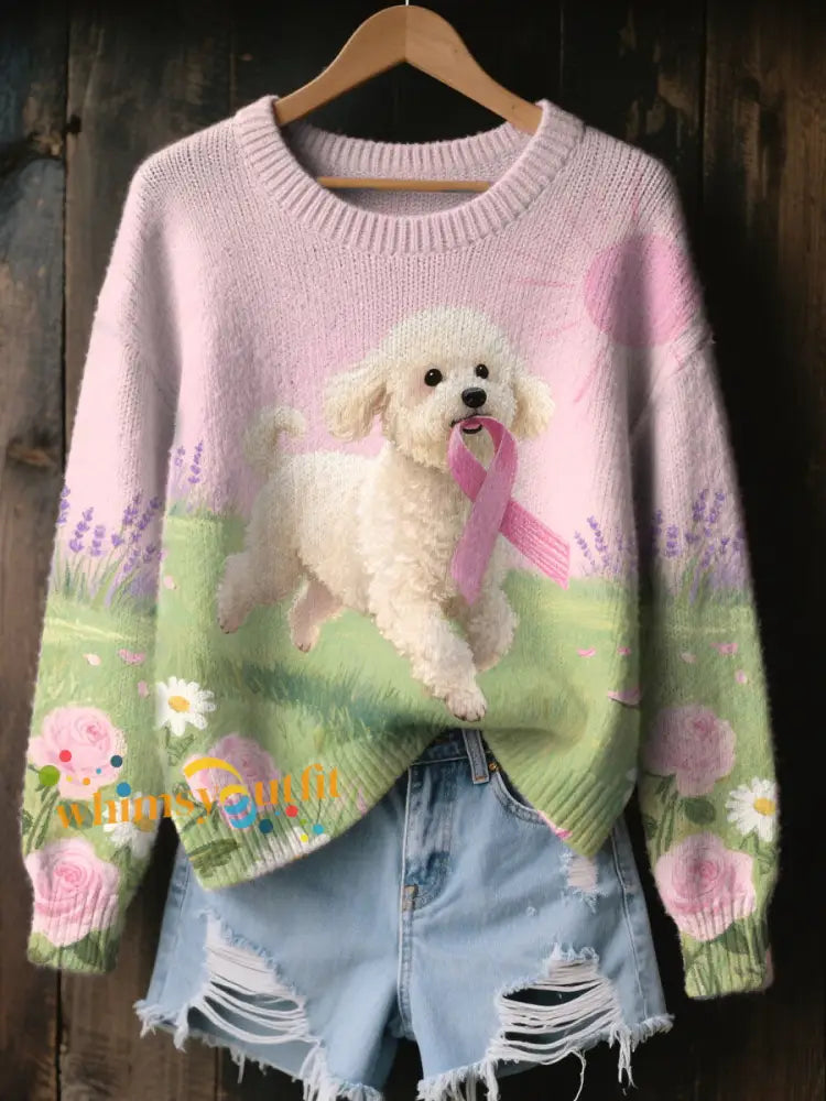 Women’s Pink Ribbon and Dog Print Casual Top As picture / S