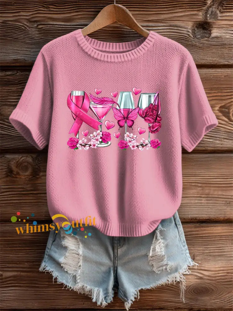 Women’s Pink Ribbon Print Casual T shirt Pink / S