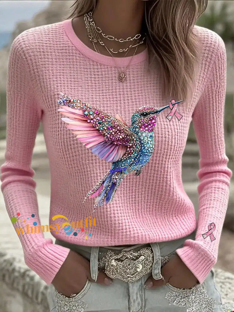 Women’s Pink Ribbon Print Casual Top Pink / S