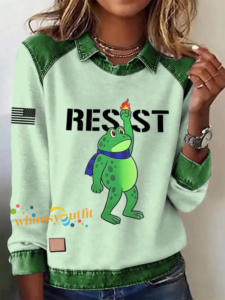 Women’s Portland Frog Resist Printed Long Sleeve Shirt Light Green / S