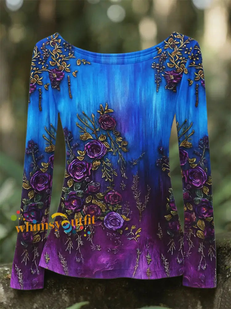 Women’s Retro 3D Floral Embroidery Gradient Pattern Round Neck Long Sleeve T shirt Purple / S