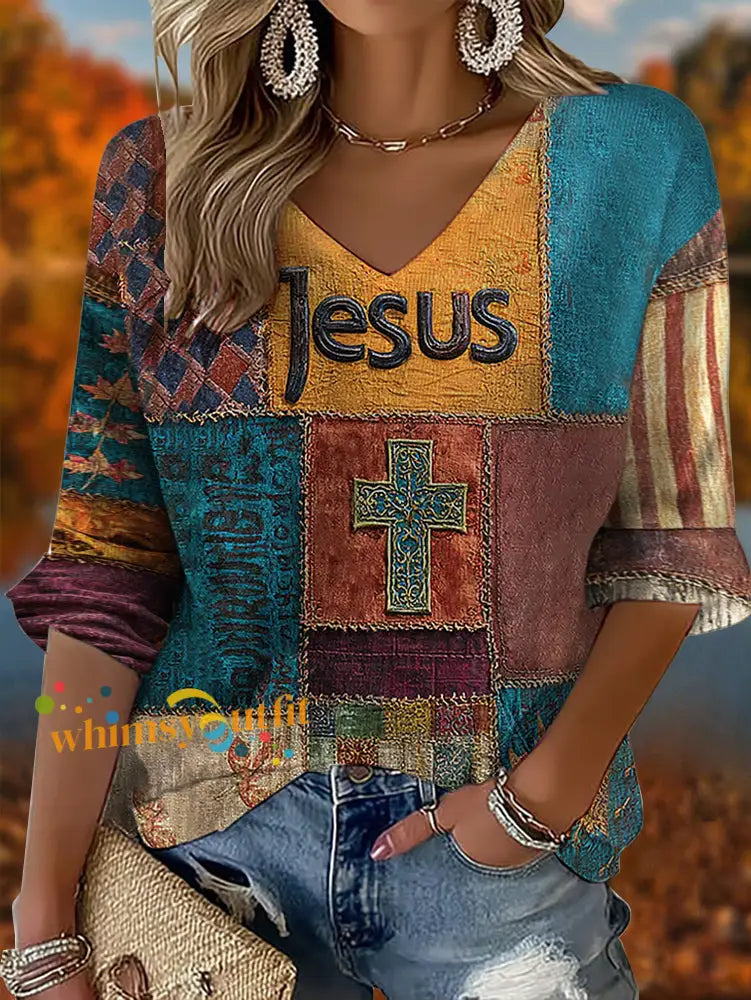 Women’s Retro Casual Faith Cross Art Print Waffle T shirt As picture / S
