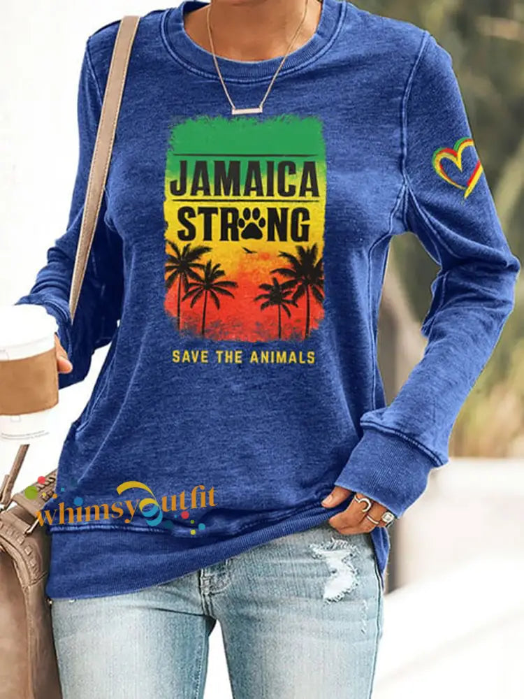 Women’s Retro Jamaica Strong Save The Animals Reggae Red Green And Gold Print Sweatshirt Blue / S