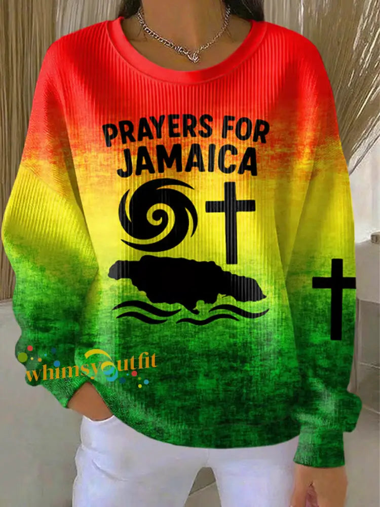Women’s Retro Prayers For Jamaica Hurricane Melissa Jamaica Strong Cross Reggae Red Green And Gold Print Sweatshirt As