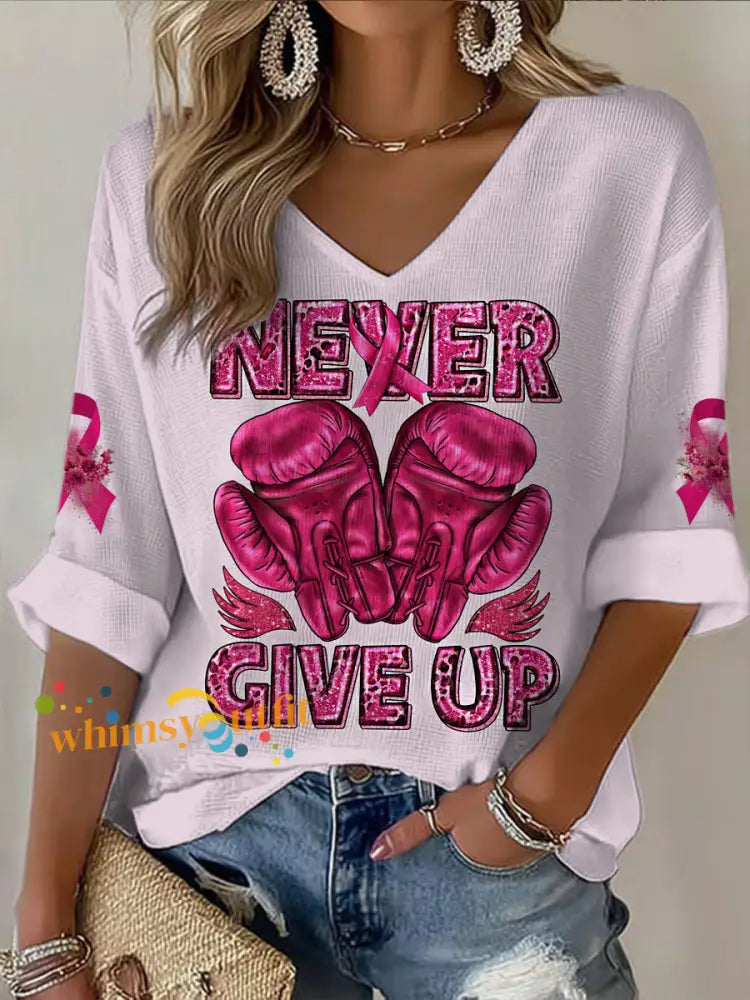Women’s V neck Mid Sleeve Breast Cancer Printed Casual T shirt Light Pink / S