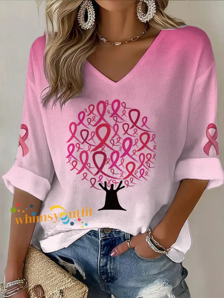 Women’s V neck Mid Sleeve Breast Cancer Printed Casual T shirt Pink / S