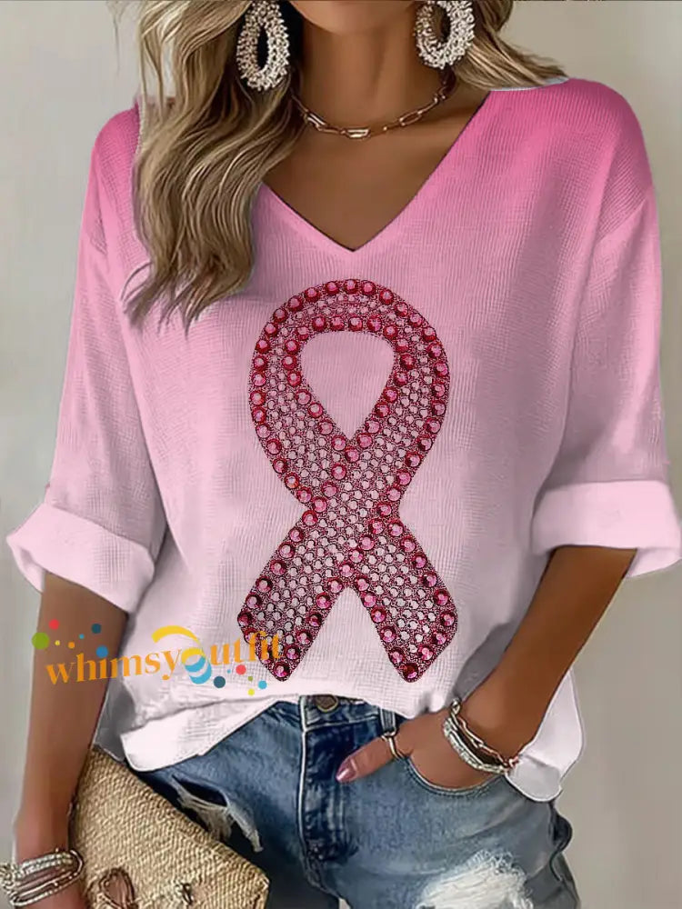 Women’s V neck Mid Sleeve Breast Cancer printed Casual T shirt Pink / S