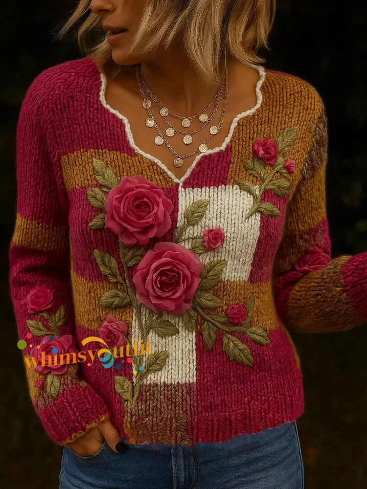 Women’s Vintage Art Floral Print Casual Long Sleeve Top As picture / S