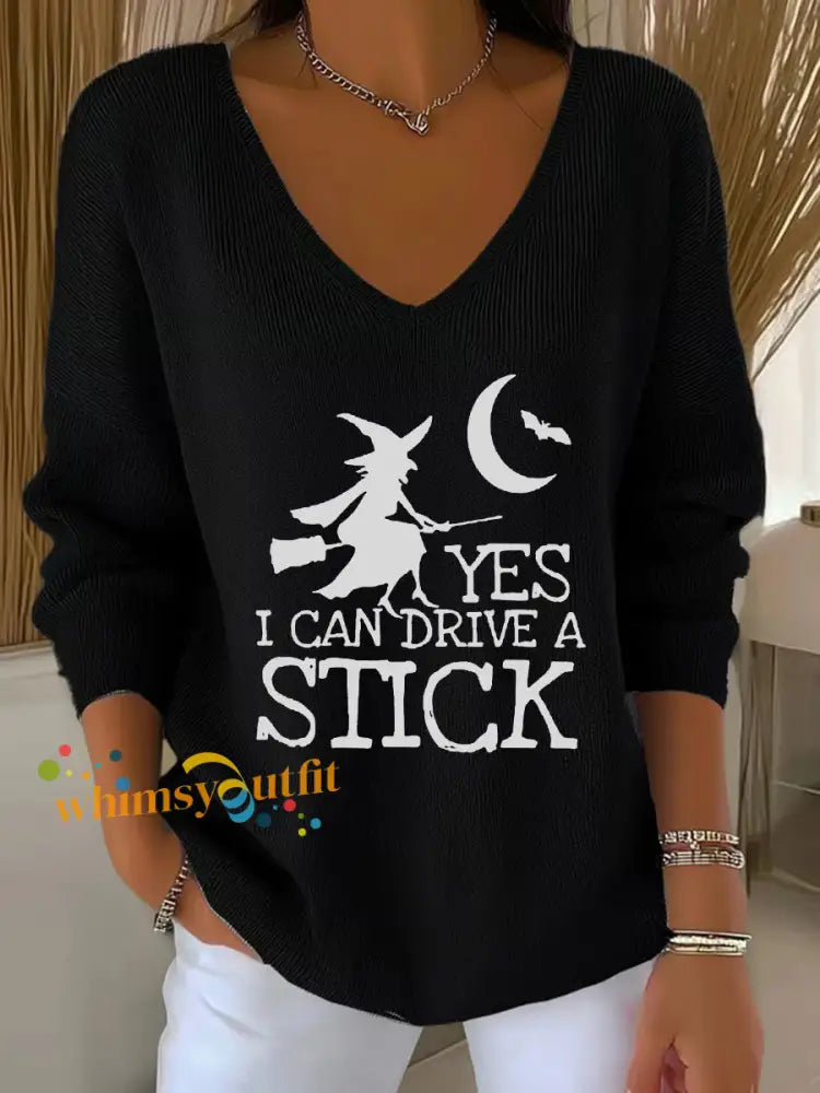 Women’s witch ’Yes I Can Drive A Stick’ print knit top Black / S
