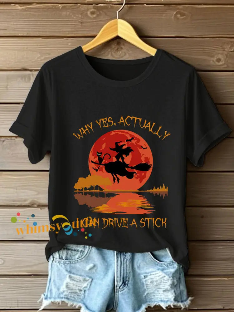 Women’s Witch ’Yes I Can Drive A Stick’ printed T shirt Black / S