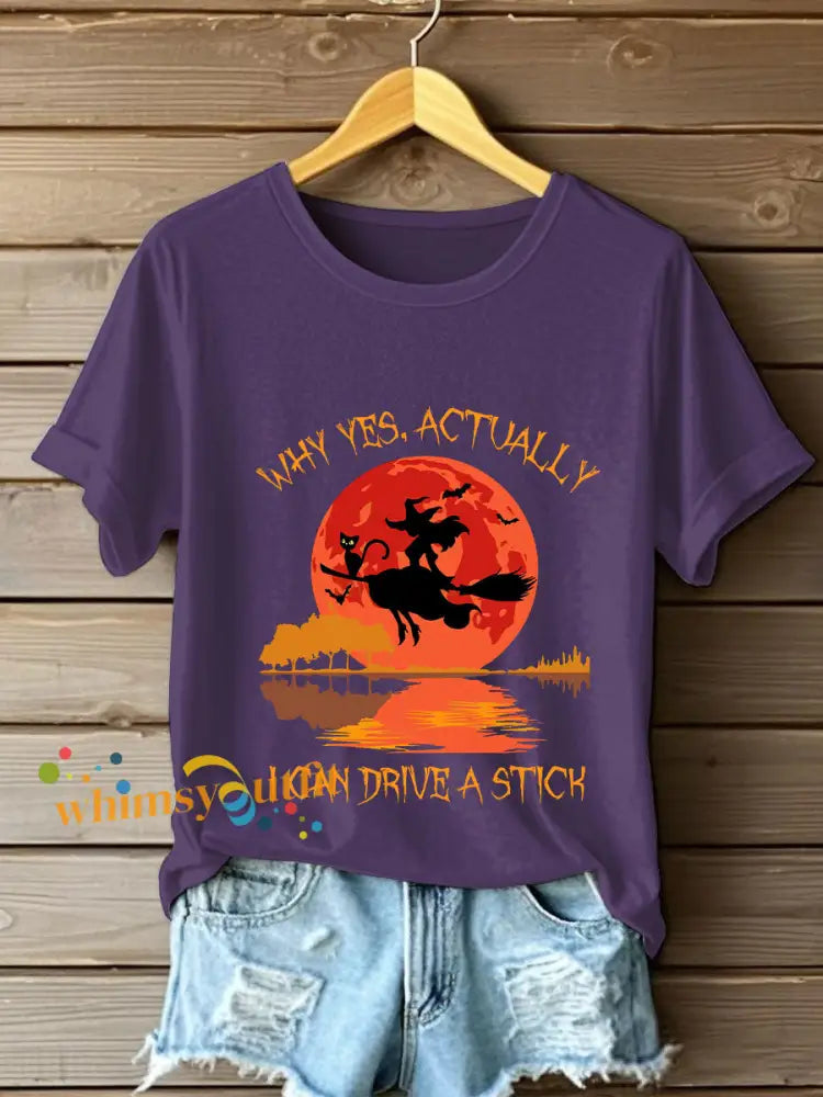 Women’s Witch ’Yes I Can Drive A Stick’ printed T shirt Deep Purple / S