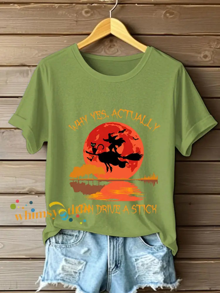 Women’s Witch ’Yes I Can Drive A Stick’ printed T shirt Green / S