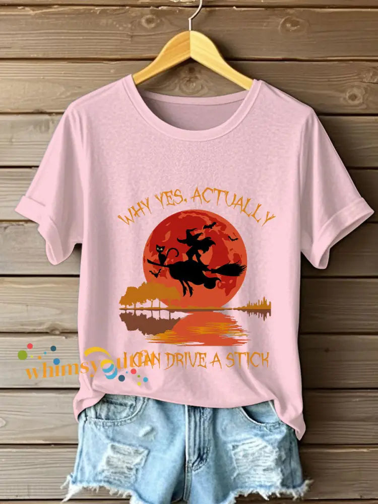 Women’s Witch ’Yes I Can Drive A Stick’ printed T shirt Light Pink / S