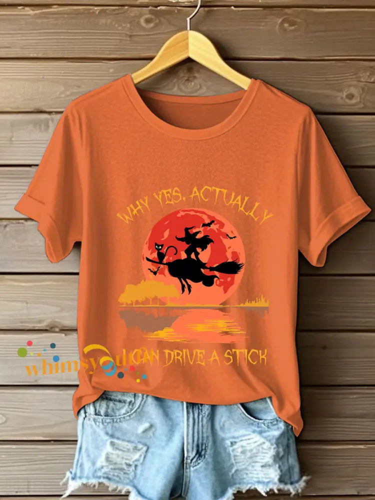 Women’s Witch ’Yes I Can Drive A Stick’ printed T shirt Orange / S