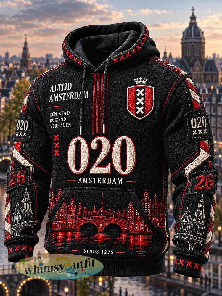 Zwarte casual hooded sweatshirt voor heren met Amsterdam-stadprint - Zwart / S
