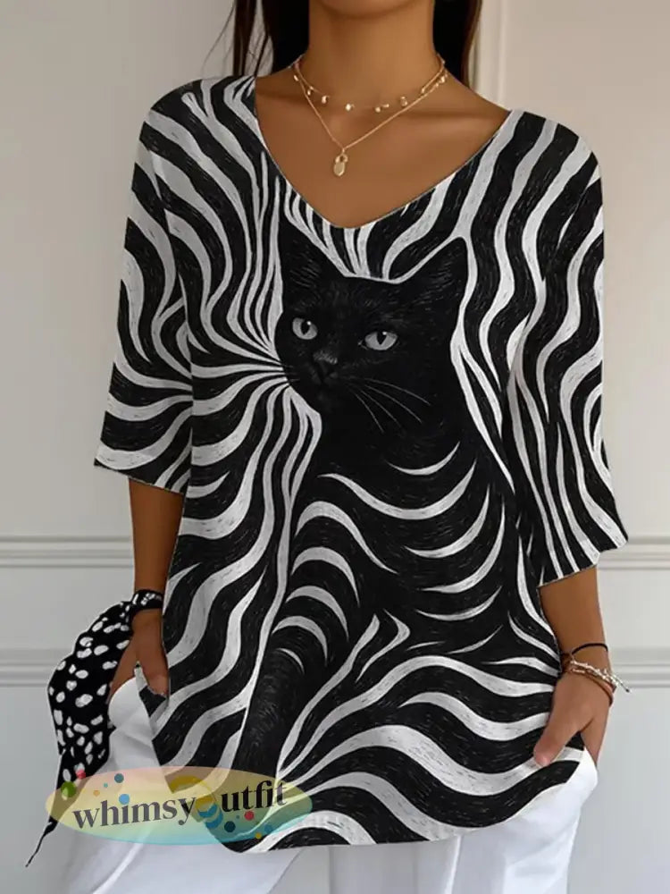 Zwarte kattenstrepen voor dames casual top met lange mouwen