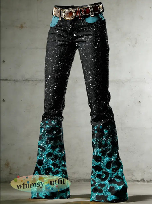 Art luipaardprint uitlopende broek voor dames - Meer Groen / S