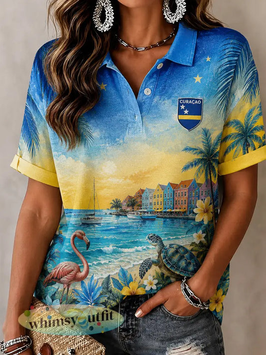 Artistiek poloshirt met korte mouwen in vakantiestijl voor vrouwen geïnspireerd door eilandleven - A / S