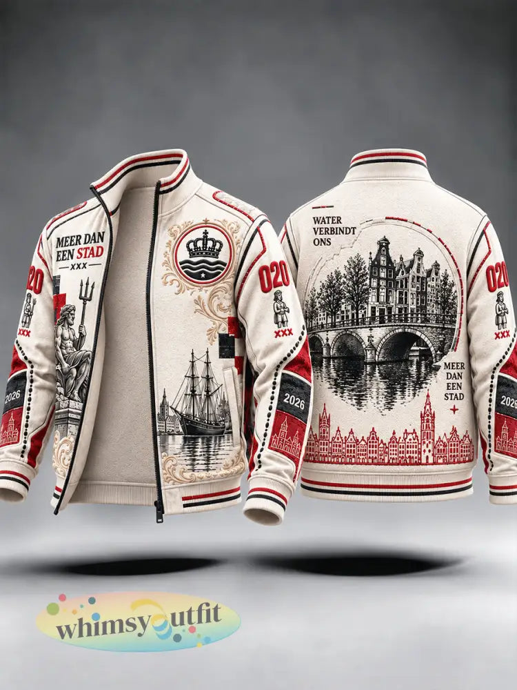 Beige casual jas voor heren met Amsterdam-stadprint en ritssluiting - Beige / S
