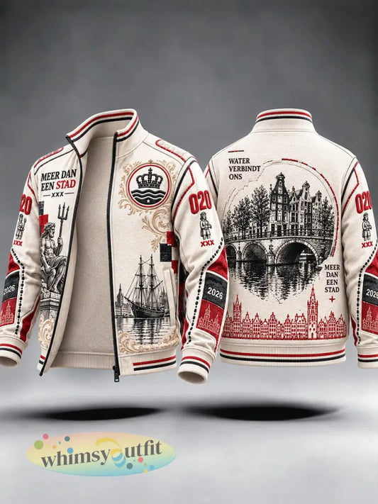 Beige casual jas voor heren met Amsterdam-stadprint en ritssluiting - Beige / S