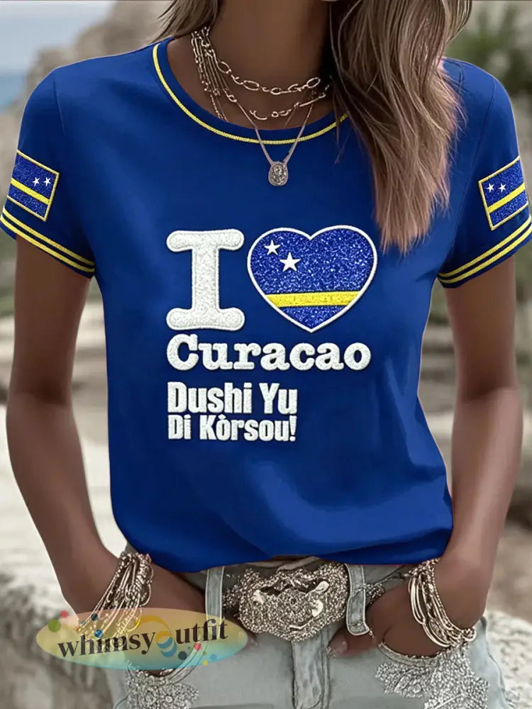 Blauw Curaçao-hartprint casual T-shirt voor dames - Blauw / S