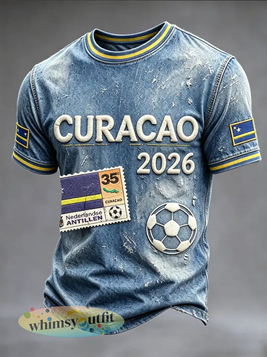 Blauw heren-T-shirt uit 2026 met voetbalinspiratie van Curaçao gemaakt van denim en voorzien van een casual print