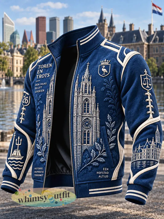 Blauw herenjack met Haags motief en ritssluiting casual stijl - Blauw / S