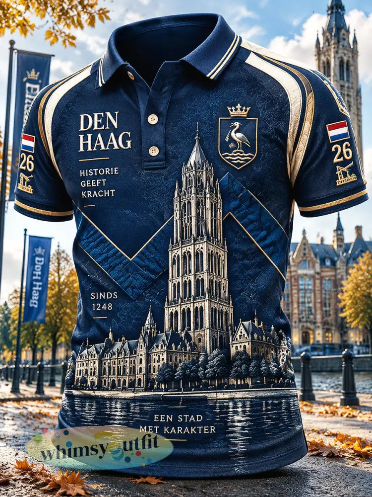 Blauw herenpoloshirt met stadsgezicht van Den Haag in Holland-stijl casual model - Diep Blauw / S