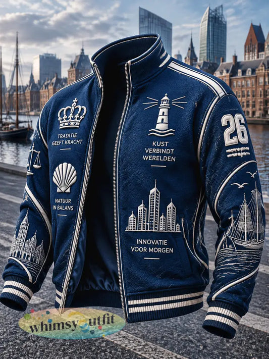 Blauw Hollandse herenjas met Haagse print en ritssluiting casual model - Blauw / S