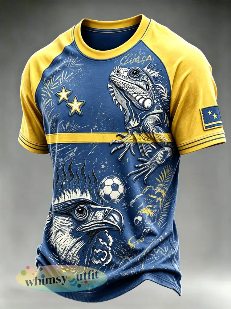 Blauw voetbal-T-shirt voor heren met 3D-print en vrijetijdsstijl met afhangende schouders in de kleur Curacao - Blauw