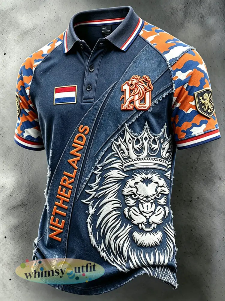 Blauw voetbalpoloshirt voor heren met Nederlandse leeuw camouflage en patchworkprint casual stijl - Diep Blauw / S