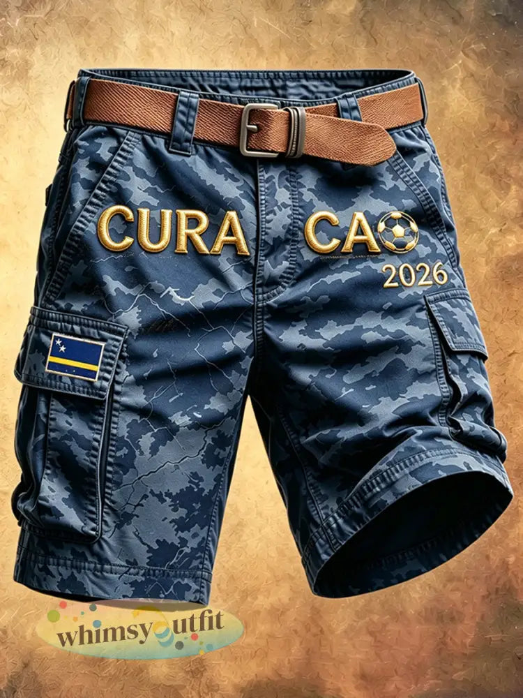Blauwe camouflagevoetbalprint vrijetijdskorte broek voor heren uit Curaçao - Diep Blauw / S