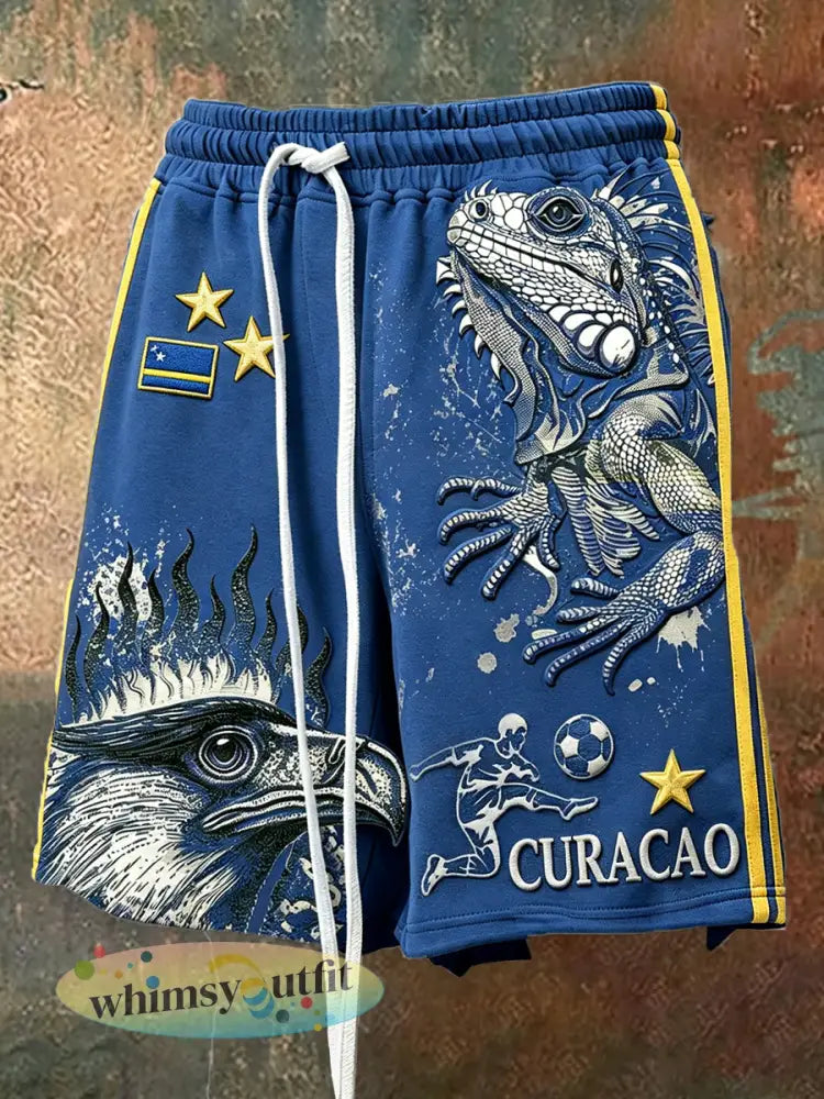 Blauwe Curaçao-voetbalherenshorts met 3D-dierenprint casual stijl - Blauw / S